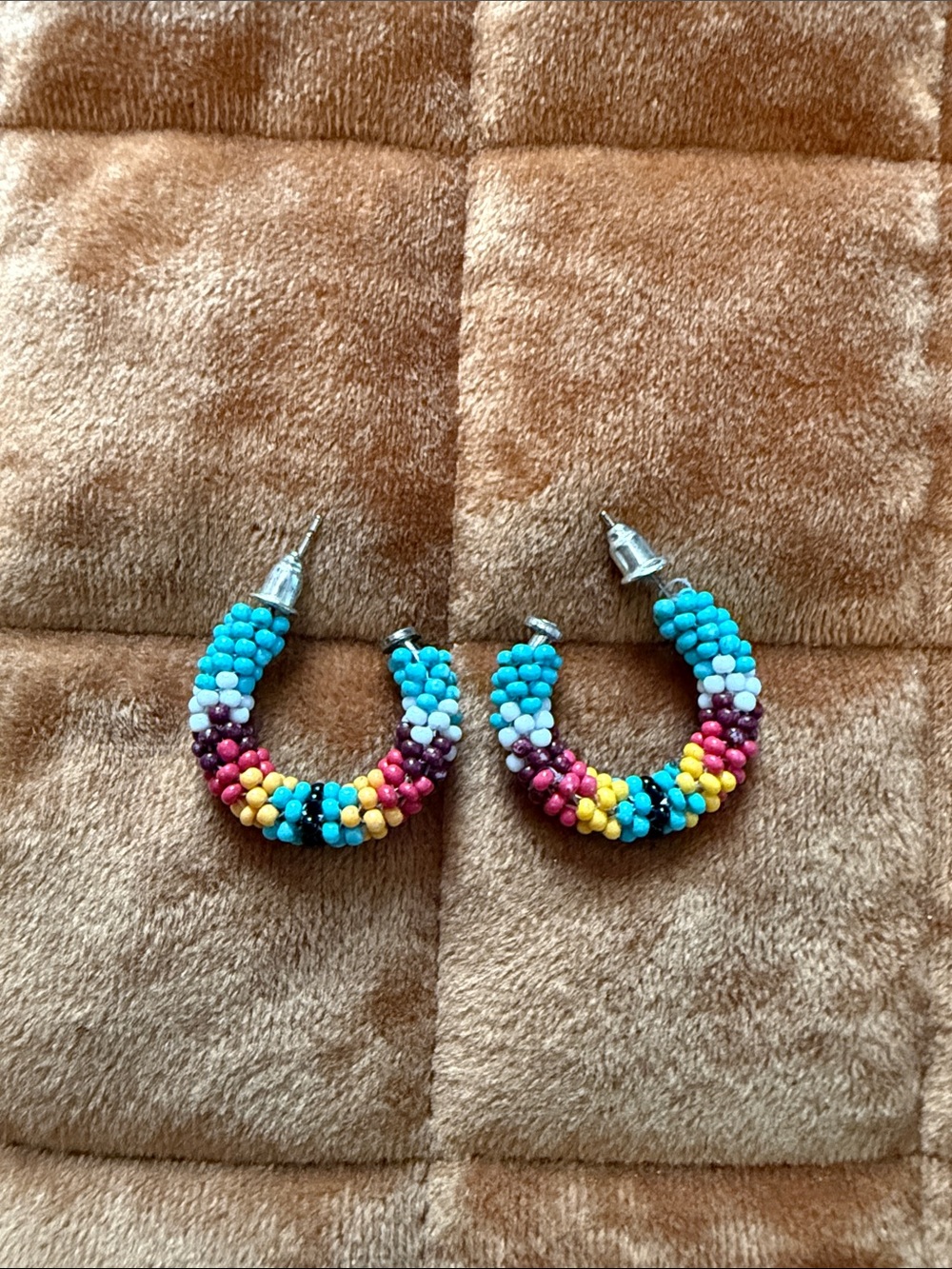 Colorful HandBeaded Hoop Earrings - Turquoise, Yellow, Pink. Western/Navajo!